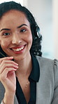 Happy woman, headset and face at office with talk, confident and consulting at investment company. Person, financial advisor and smile with voip tech, portrait or help desk at agency in Colombia