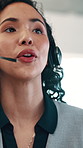 Woman, headset and talk at call center for legal advice with microphone, insight and consulting at office. Person, advisor and review with voip, explain or help desk service at corporate law agency