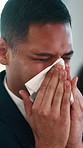 Sick, businessman and blowing nose with tissue for influenza, sinus allergies or hayfever in office. Man, employee or cold with flu, mucus or illness for bacteria, germs or infection in workplace