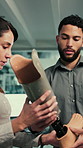 Lab, planning and people with prosthetic leg for research, solution and design feedback. Science, collaboration and man with woman with artificial limb for medical innovation, model and robotics