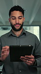 Tablet, smile and businessman in office with research for website development with project. Digital technology, professional and male engineer with feedback on software assignment in workplace.