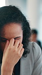 Business, woman and headache with stress in office for mistake, deadline or work pressure. Female person, employee or migraine with eye strain for fatigue, burnout or mental health in workplace