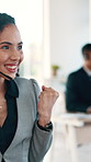 Happy woman, headset and celebration at office with success, fist pump and consulting at investment company. Person, financial advisor and excited with achievement, goals and help desk at agency