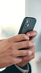 Hands, phone and texting at office meeting with contact, check notification and web chat at finance agency. Person, broker or financial advisor on mobile app, typing and career at investment company