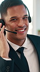 Man, headset and face with smile at office for legal advice with confidence, microphone or insight. Person, advisor and happy with voip tech, portrait and help desk service at corporate law agency