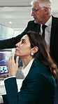 Woman, team and computer screen for trading at office with charts, review and point at investment company. Business people, group and monitor with collaboration, graphs and stock market at agency