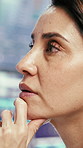Woman, trading and review with computer at office for stock market, growth or insight at investment company. Mature person, broker and thinking by pc for data, stats or report for revenue at agency