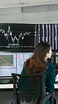 Computer screen, finance and back of woman for trading, stock market and investment. Business, investor and person with charts, statistics and graphs for research, financial analysis or profit growth