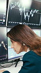 Reading, finance and business woman on computer screen for trading, research or investment. Office, investor and person with chart, statistics and graph for stock market, financial analysis or profit