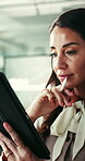Thinking, tablet and reading with business woman in office for campaign news, email and review. Digital agency, seo report and vision with mature person for project manager and branding update