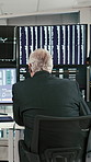 Computer screen, finance and back of business man for trading, stock market and investment. Mature, currency and person with charts, statistics and graphs for financial analysis and profit growth