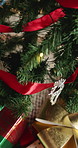 Trinket, gift and tree with bauble for Christmas decoration, celebration and holiday tradition. Lights, present and ornament with sparkle for festive season, xmas event and creative aesthetic in home