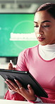 Writing, review or woman with tablet in office, company sustainability project or regulations email. Planning, policy newsletter or employee with research for green business initiative, tech or info