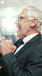 Happy, fist pump and businessman by computer for trading with winning or investment approval. Smile, good news and mature male financial manager with stock market growth or opportunity in workplace.