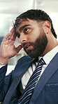 Stress, finance and businessman with glasses in office for bankruptcy, financial crisis and debt. Corporate, worry and person frustrated for investment fail, stock market crash and trading mistake