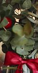 Christmas, holly or vase with bow in home for tradition, festive season or decorative plant for ambiance. Holiday celebration, leaves or bouquet with ornaments for decoration, ribbon or apartment