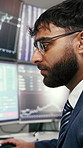 Computer screen, finance and businessman for trading, stock market and investment. Glasses, investor and person with charts, statistics and graphs for research, financial analysis and profit growth