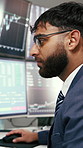 Computer, finance and business man for trading, stock market and investment in office. Glasses, screen and person with charts, statistics and graphs for research, financial analysis and profit growth
