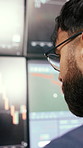 Finance, business and man on computer screen with chart for trading, stock market and investment. Glasses, investor and person with statistics and graphs for research, financial analysis and profit