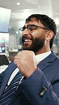 Smile, fist pump and businessman by computer for trading with winning or investment approval. Happy, good news and mature male financial manager with stock market growth or opportunity in workplace.