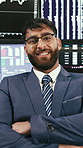 Screen, finance and face of business man with chart for trading, stock market and investment. Portrait, computer and person with fintech statistics for research, financial analysis and profit growth