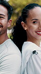 Couple, solidarity and face for fitness in park, athlete team or happy with training for health. Man, woman and support in portrait for exercise relationship, sport and wellness with smile outdoor