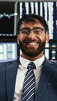 Happy, fist pump and face of businessman by computer for trading with winning or investment approval. Smile, good news and male financial manager with stock market growth or opportunity in workplace.