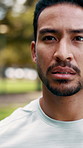 Fitness, tired and asian man outdoor in nature for thinking, recovery and wellness with vision. Exercise, workout and male runner in park for rest, breath and athlete training or intense cardio