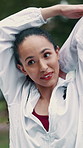 Stretching, happy and woman outdoor with coach in nature for talking, support and wellness. Exercise, fitness and female runner in park with personal trainer, warmup and athlete training or smile