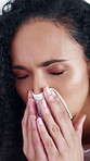 Business woman, tissue or sneezing for allergies, sinus issue or hayfever with blowing nose at work. Female professional, hands with toilet paper or wipe for cold, flu or sick with virus at workplace