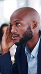 Business, headache and black man in office, stress for stock market crash and inflation. African person, fatigue and financial advisor in workplace, migraine and pressure for company audit and tired