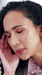 Business, headache and woman in office, stress for stock market crash and burnout. Person, fatigue and financial advisor in workplace, migraine and pressure for company audit, confused and tired