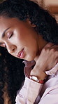 Business, woman and discomfort with neck pain in office from bad posture, fibromyalgia and burnout. Overworked, person and ache from muscle strain, joint stiffness and inflammation of whiplash injury