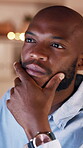 Thinking, business or black man in office for planning, trade reflection or revenue generation idea. Problem solving, workplace or investor with insight for stock market, growth mindset or investment