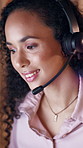 Smile, talking and woman with headset in call center, troubleshooting advice and assistance hotline. Problem solving, speaking and agent with tech support instructions, customer service and help desk