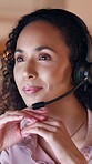 Smile, contact and woman with headset in call center, troubleshooting advice and assistance hotline. Problem solving, listen and agent with solution for tech support, customer service and help desk