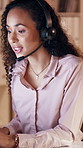 Smile, discussion and woman with headset in call center, troubleshooting advice and assistance hotline. Problem solving, talk and agent with tech support instructions, customer service and help desk