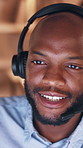 Call center, help and black man in office with headset, contact us or crm service in evening. Communication, tech and consultant in agency with mic, online assistance or customer support in overtime.