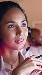 Call center, help and woman in office with headset, contact us or crm service in evening. Communication, coworking and consultant in agency with mic, online assistance or customer support in overtime