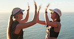 Friends, hiking and high five by ocean with hug, sunglasses and achievement for outdoor adventure. Hiker, women and celebration by sea with shades, bonding together and embrace for journey success.