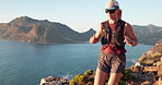 Fitness, running and woman with sunglasses on mountain, cliff trail and workout for endurance training. Sunset, active and athlete with jog for cardio exercise, shades and outdoor challenge by sea