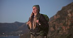 Woman, hiking and breathing for fitness on mountain for travel, adventure and fresh air. Space, female person and inhale with reflection, backpacking view and trekking evening for sightseeing nature