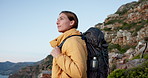 Thinking, woman and hiking with backpack on mountain for travel, adventure and reflection. Space, female person and mindset with scenery, backpacking view and trekking fitness for sightseeing nature