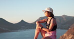 Hiking, thinking or woman with sunglasses on mountain, outdoor expedition break or view ocean for holiday. Reflection, space and person relax on cliff with shades, trekking adventure and daydream