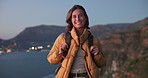 Face, woman and hiking with happy on mountain for travel, adventure and fitness activity. Portrait, female person and smile for backpacking, trekking hobby and evening with fresh air on getaway trip