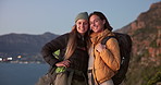 Face, friends and hiking on mountain with backpack, connection and bonding together for adventure. Happy, women and trekking trip outdoor in nature with bag, support or travel for tourist exploration
