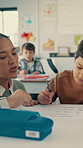School, lesson and boy in classroom for writing, education and language activity for child development. Academy, youth and kids with stationery for learning, studying and drawing in notebook at desk
