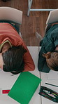 Above, students and sleeping in classroom with fatigue, difficult assessment and education burnout. Tired, teenager and girls nap in high school with study exhaustion, stress and lazy for learning.
