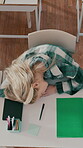 Above, students and sleeping in high school with fatigue, difficult assessment and education burnout. Tired, teenager and girls nap in classroom with study exhaustion, stress and lazy for learning.