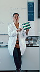 Speaking, teacher or woman with molecule for education, science class or chemical compound knowledge. Research lab, teaching or Asian professor with particle structure lesson, medical info or school